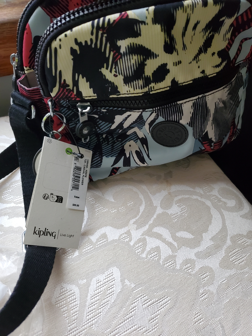 Kipling Keefe Black And White Floral Crossbody Bag - Picture 6 of 10